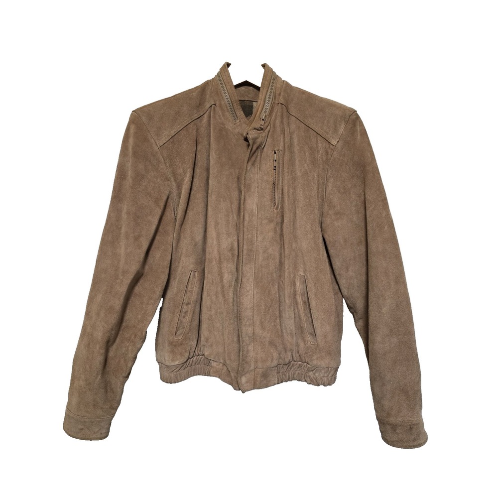 Bermans Mens Vintage Suede Leather Bomber Jacket Size 40 Beige